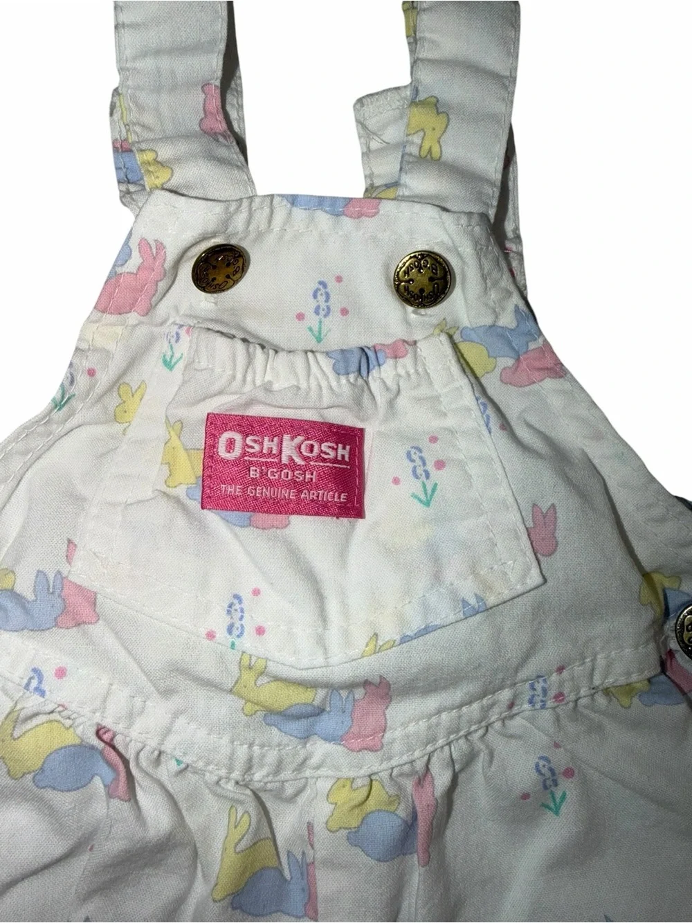 Vintage Rare OshKosh B’Gosh White Bunny Print Baby Shortalls Romper, Size 12m